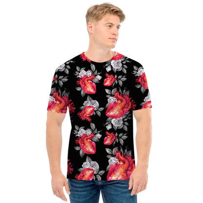 Rose And Heart Pattern Print Men's T-Shirt