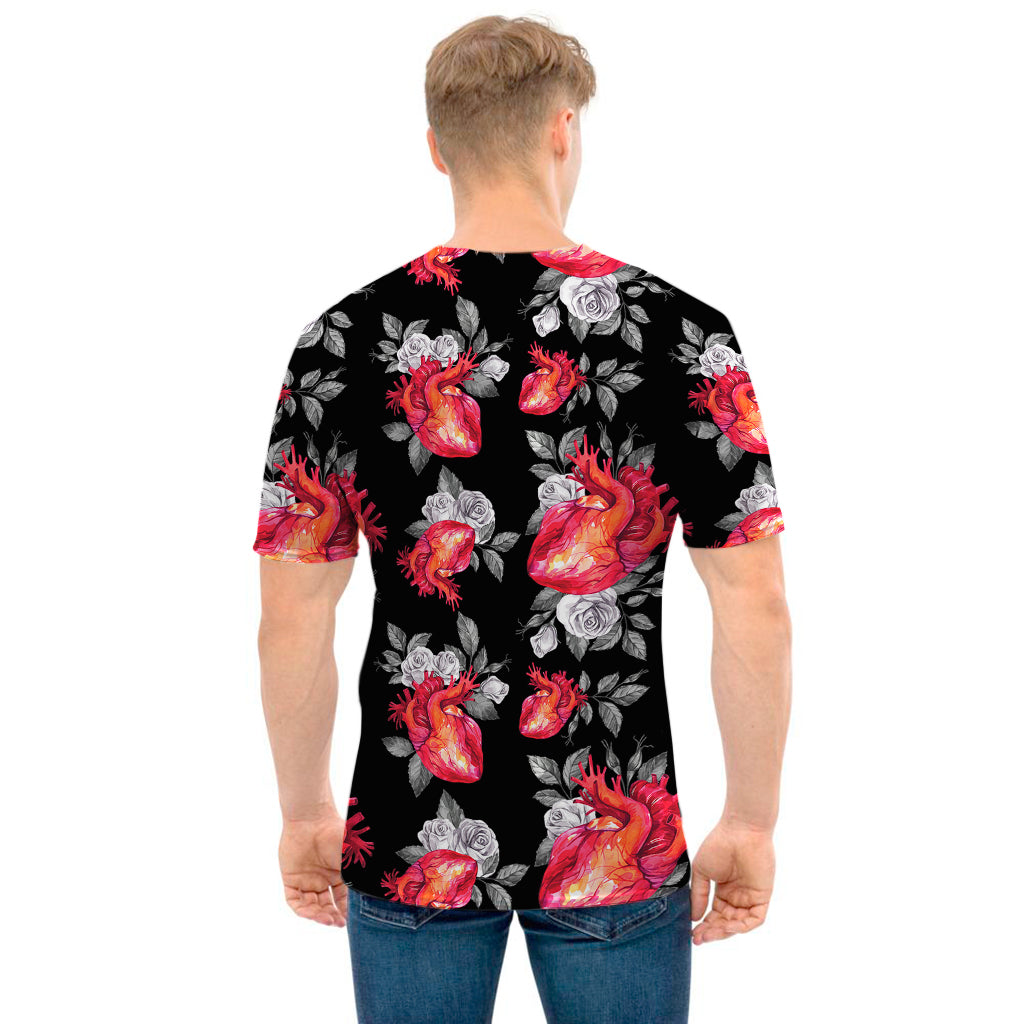 Rose And Heart Pattern Print Men's T-Shirt