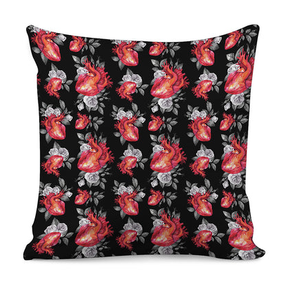Rose And Heart Pattern Print Pillow Cover