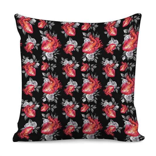 Rose And Heart Pattern Print Pillow Cover