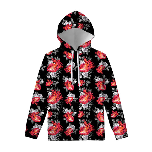 Rose And Heart Pattern Print Pullover Hoodie
