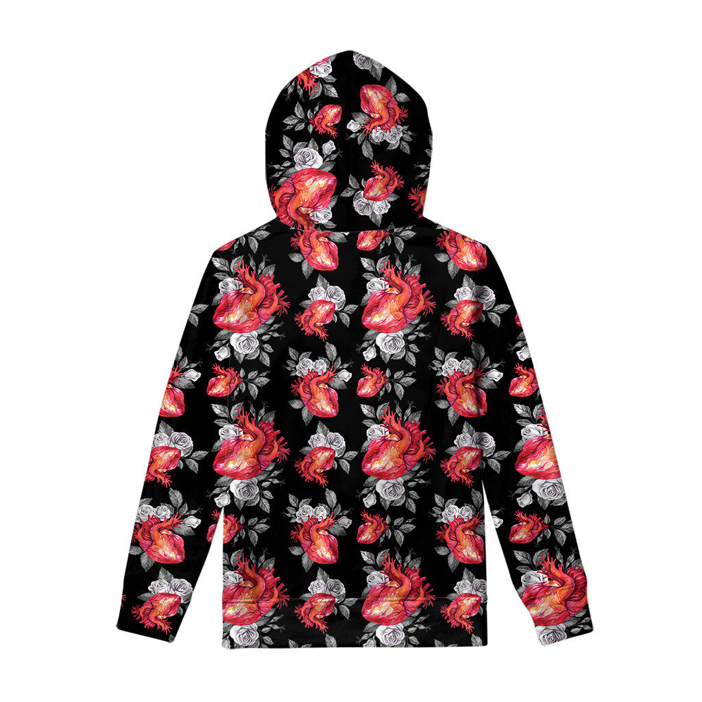 Rose And Heart Pattern Print Pullover Hoodie