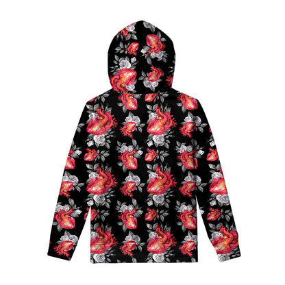 Rose And Heart Pattern Print Pullover Hoodie