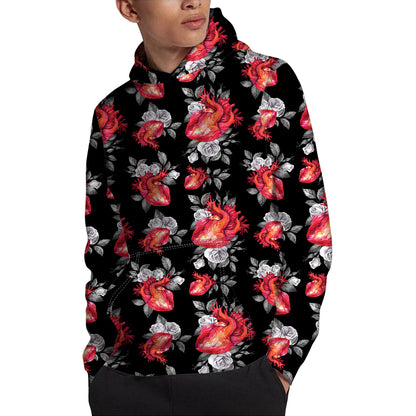 Rose And Heart Pattern Print Pullover Hoodie