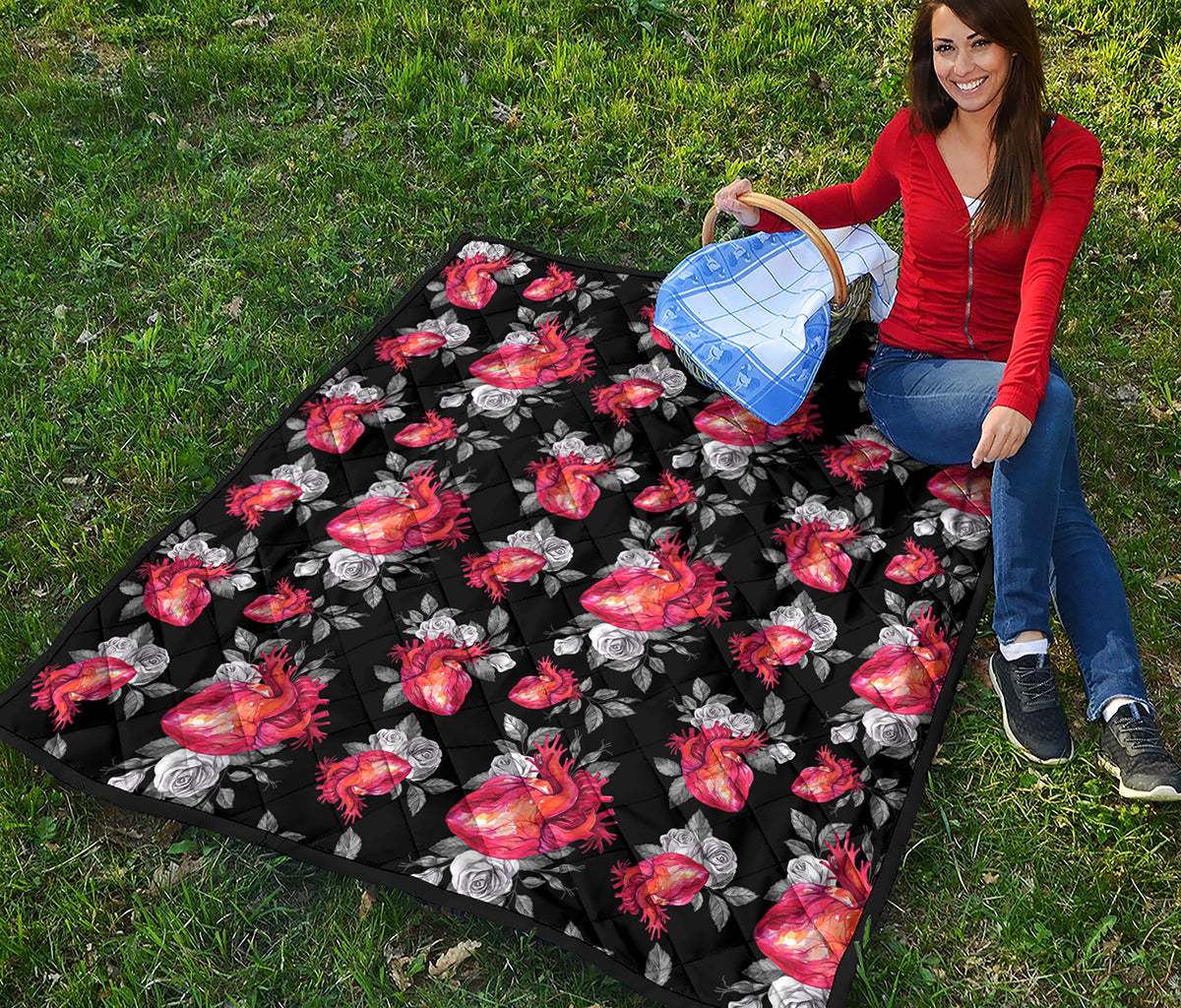 Rose And Heart Pattern Print Quilt