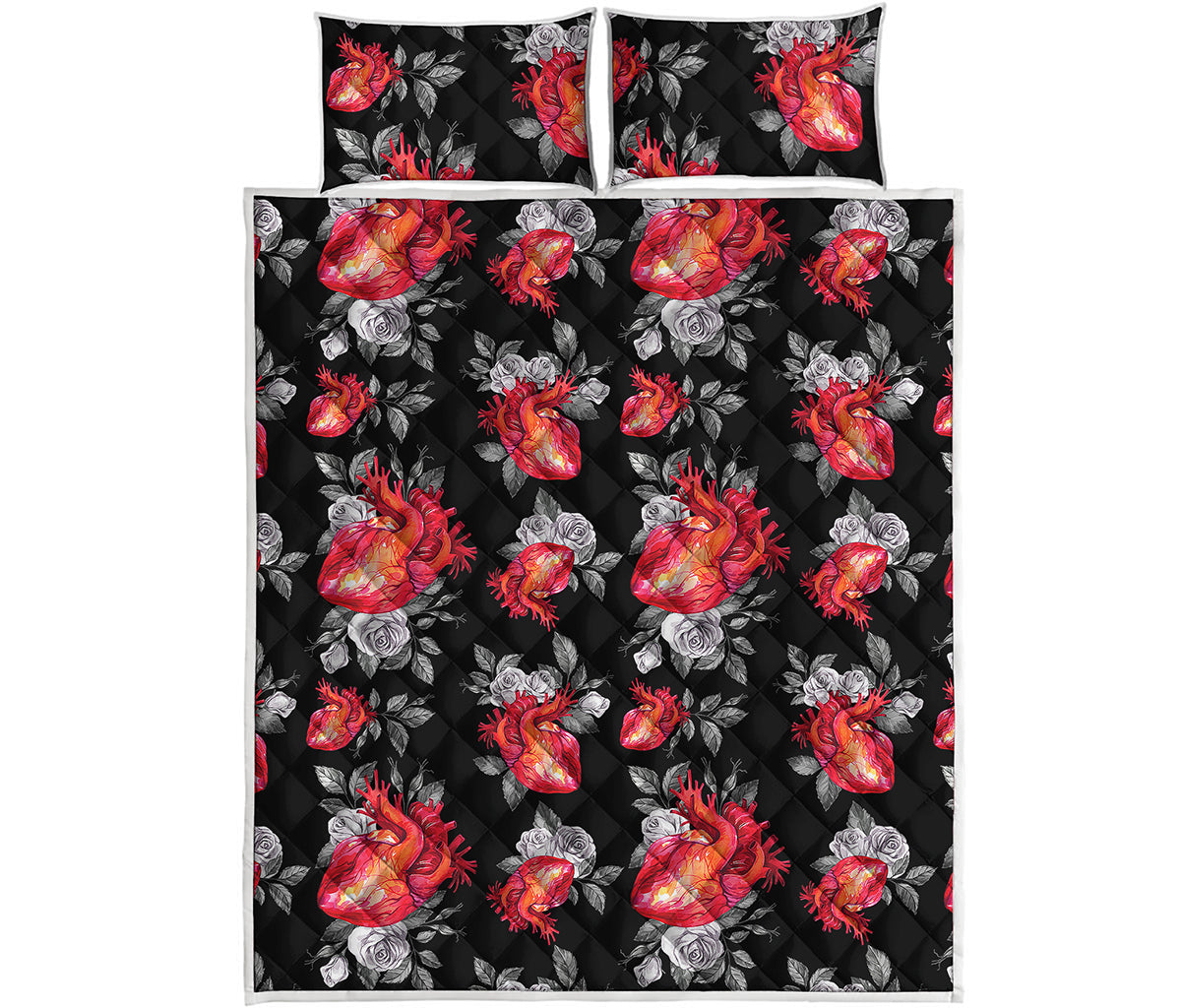 Rose And Heart Pattern Print Quilt Bed Set