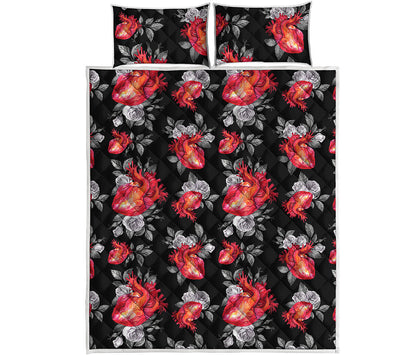 Rose And Heart Pattern Print Quilt Bed Set