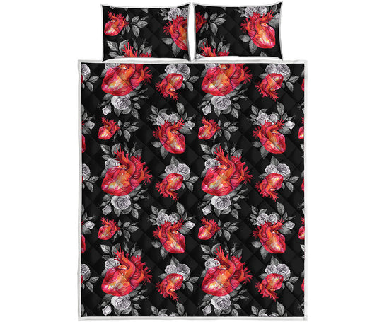 Rose And Heart Pattern Print Quilt Bed Set