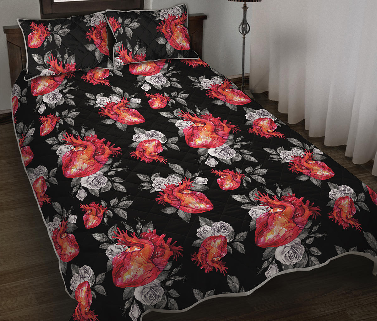 Rose And Heart Pattern Print Quilt Bed Set