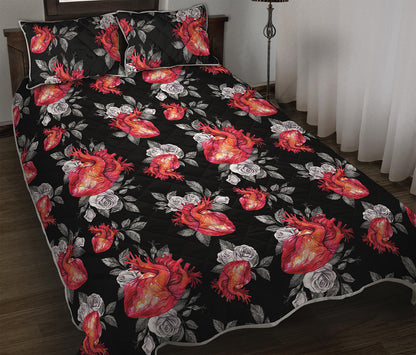 Rose And Heart Pattern Print Quilt Bed Set