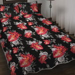 Rose And Heart Pattern Print Quilt Bed Set