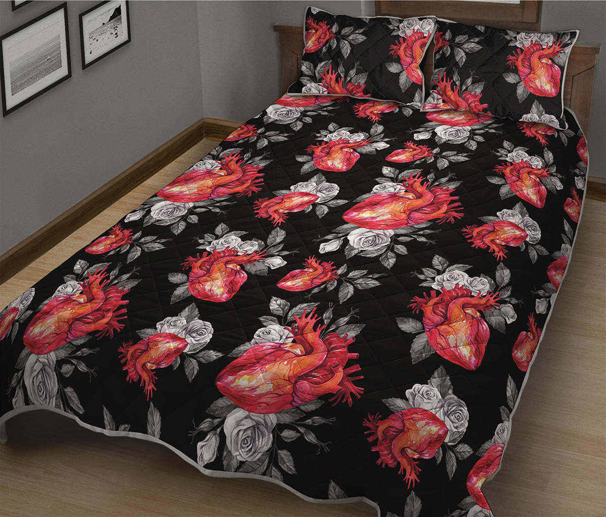 Rose And Heart Pattern Print Quilt Bed Set