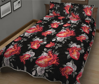 Rose And Heart Pattern Print Quilt Bed Set