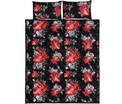 Rose And Heart Pattern Print Quilt Bed Set