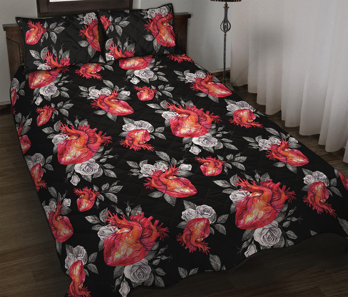 Rose And Heart Pattern Print Quilt Bed Set