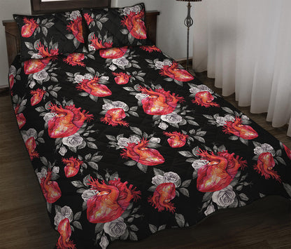 Rose And Heart Pattern Print Quilt Bed Set