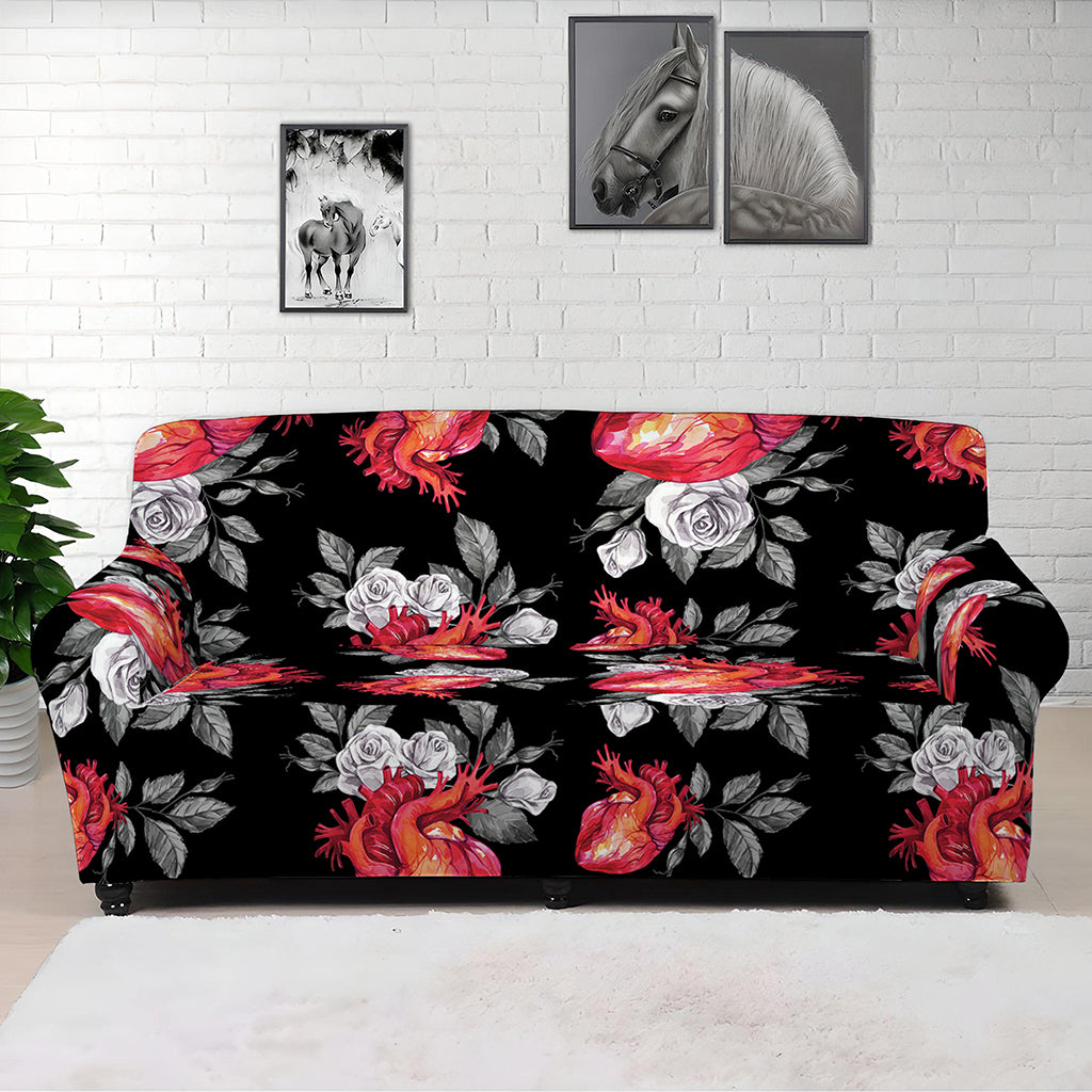 Rose And Heart Pattern Print Sofa Cover