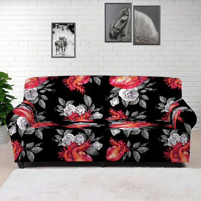 Rose And Heart Pattern Print Sofa Cover