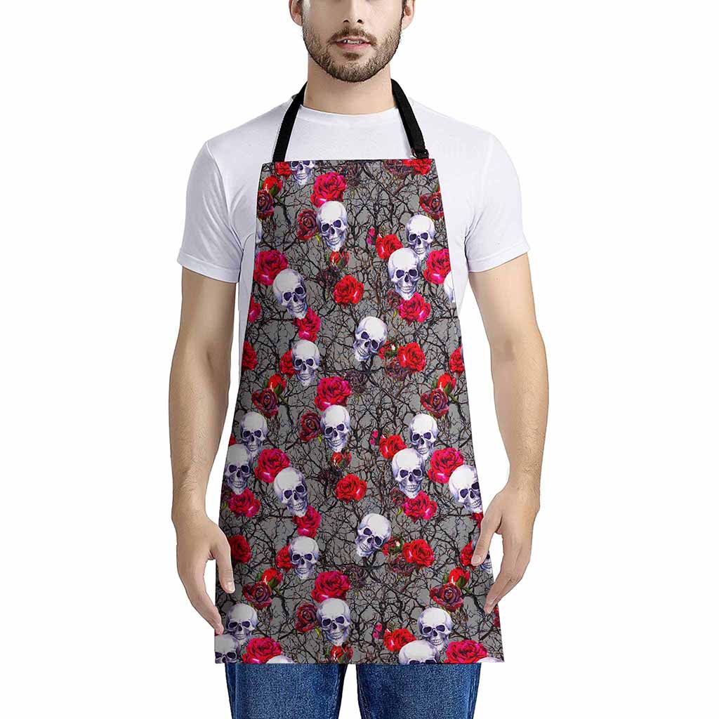 Rose Branch Skull Pattern Print Apron