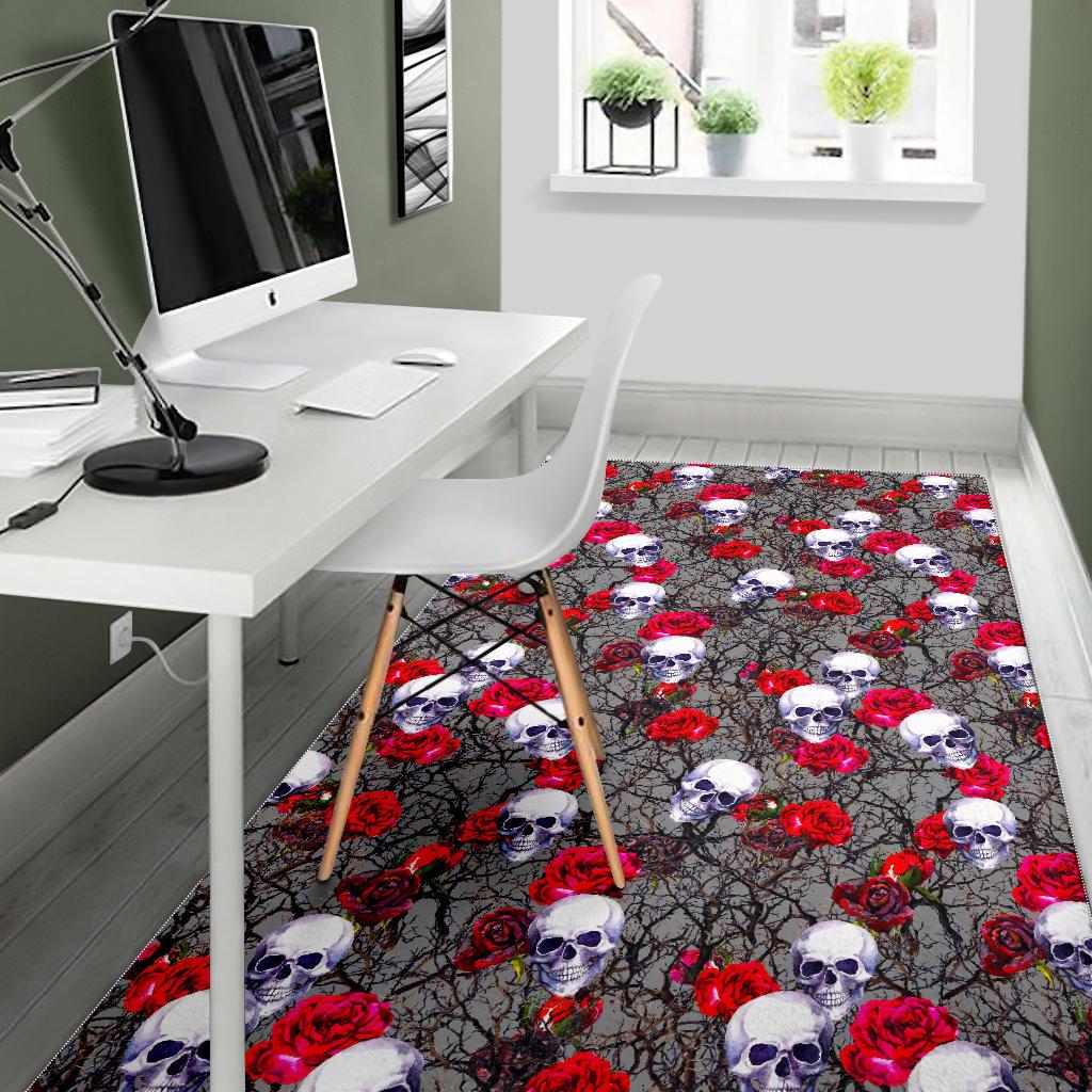 Rose Branch Skull Pattern Print Area Rug GearFrost