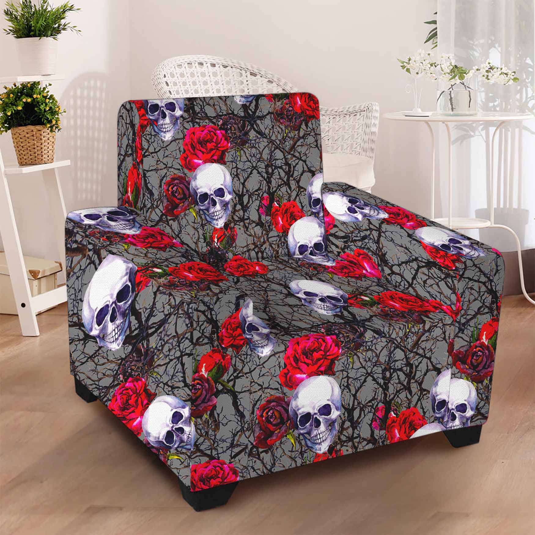 Rose Branch Skull Pattern Print Armchair Slipcover