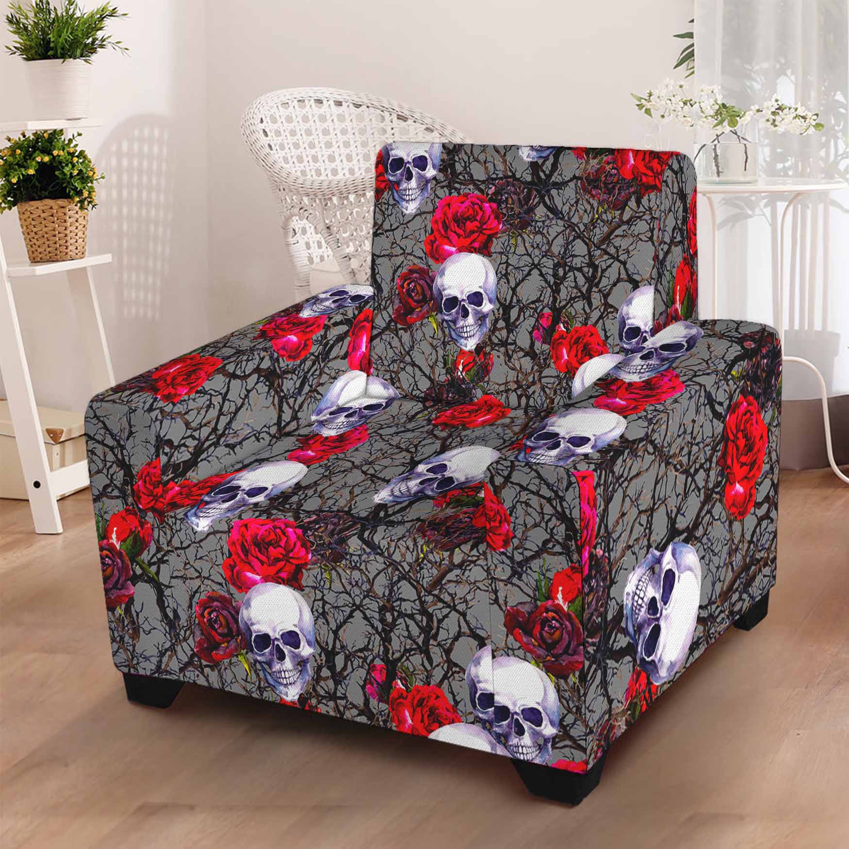 Rose Branch Skull Pattern Print Armchair Slipcover