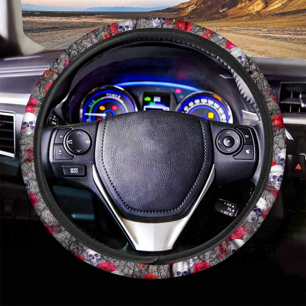 Rose Branch Skull Pattern Print Car Steering Wheel Cover
