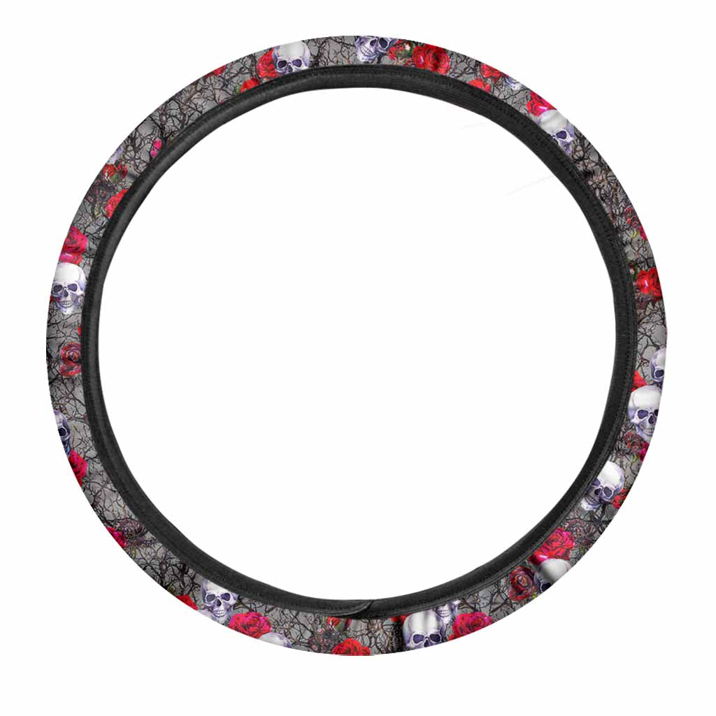 Rose Branch Skull Pattern Print Car Steering Wheel Cover