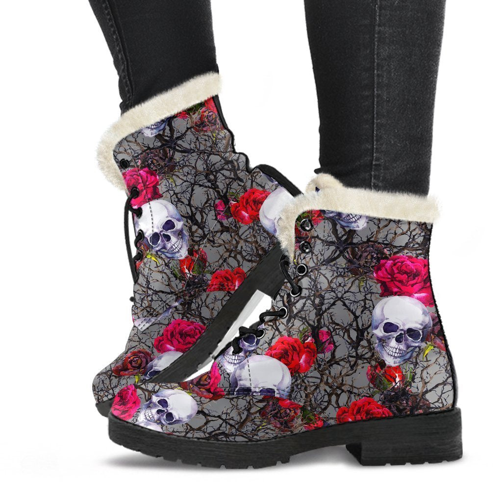 Rose Branch Skull Pattern Print Comfy Boots GearFrost