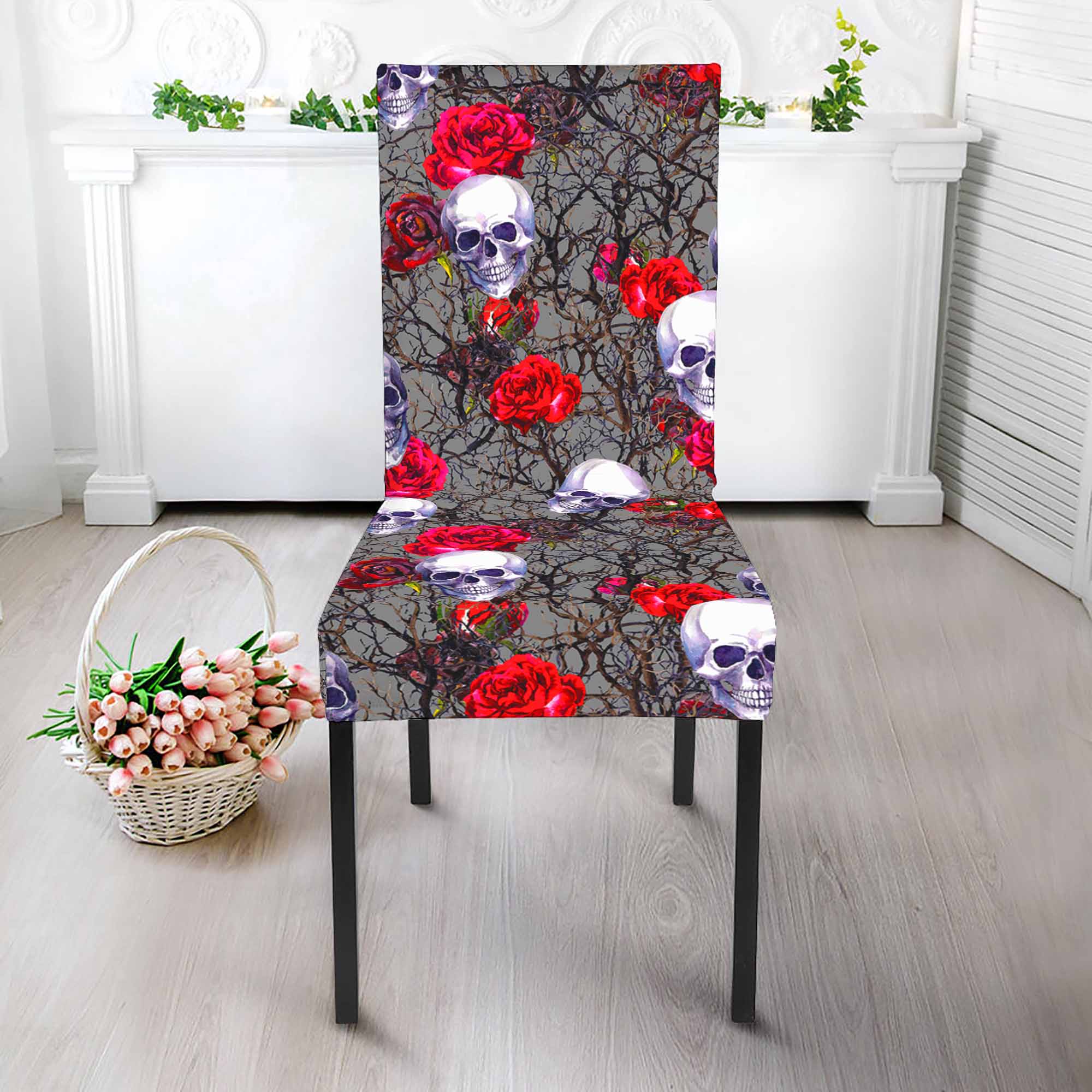 Rose Branch Skull Pattern Print Dining Chair Slipcover