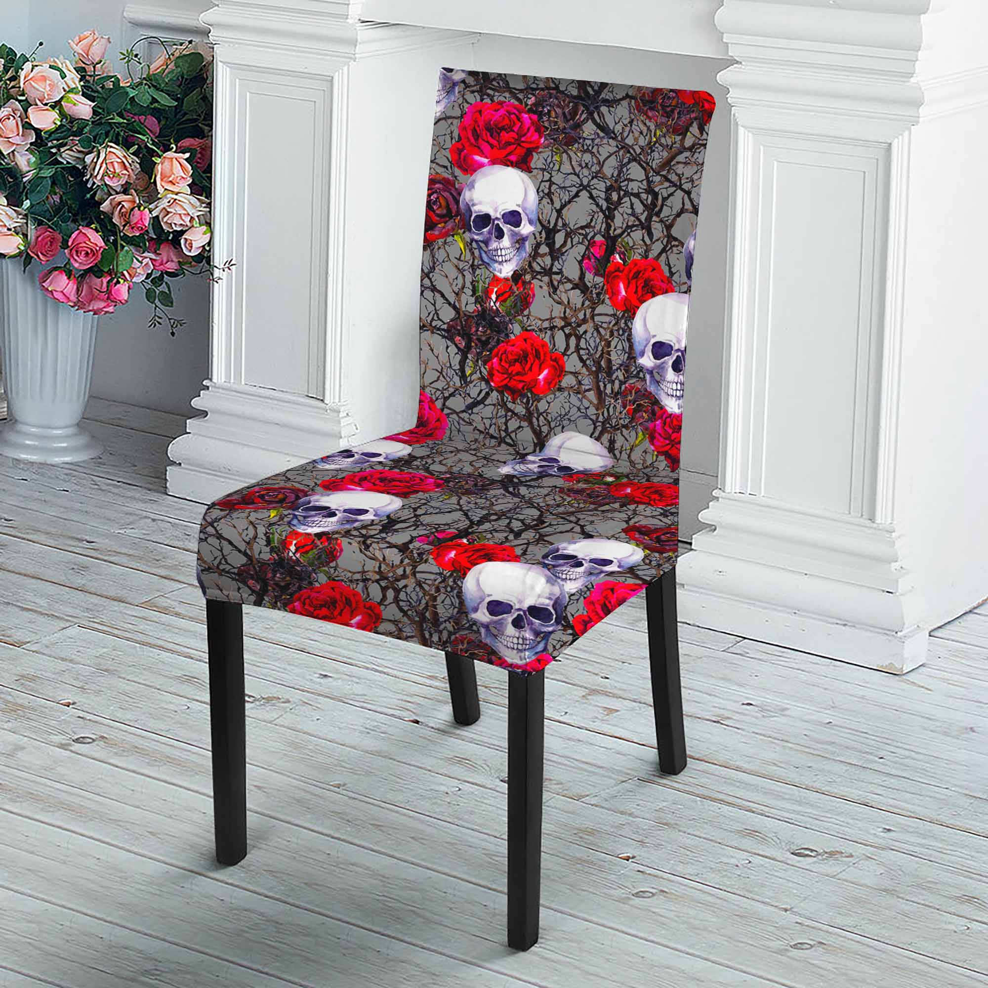 Rose Branch Skull Pattern Print Dining Chair Slipcover