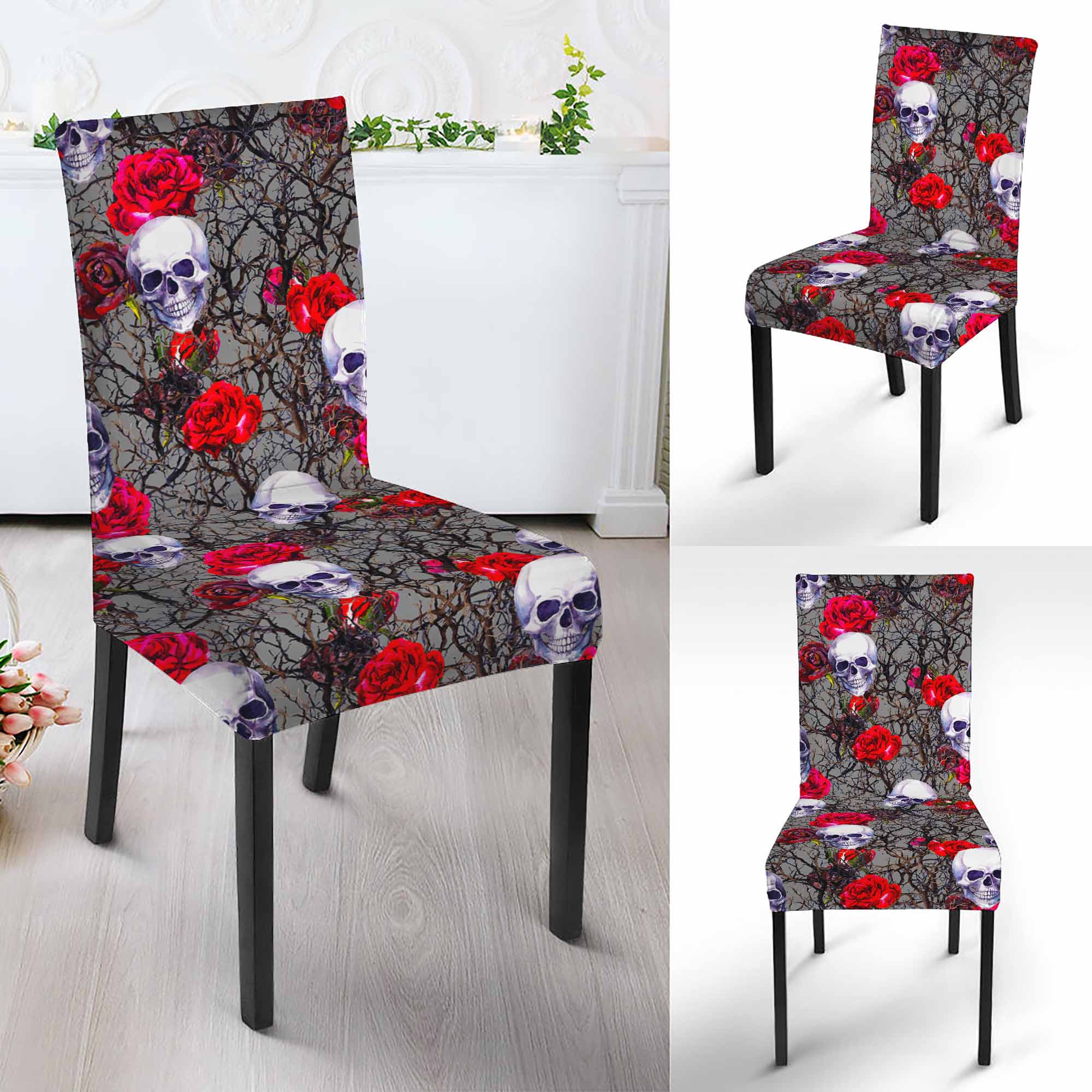 Rose Branch Skull Pattern Print Dining Chair Slipcover