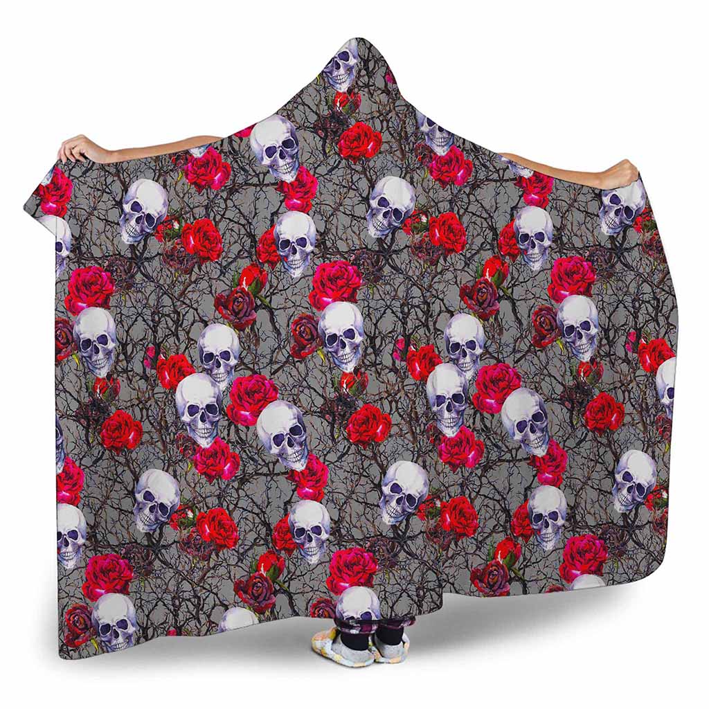Rose Branch Skull Pattern Print Hooded Blanket