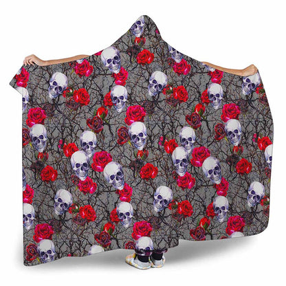 Rose Branch Skull Pattern Print Hooded Blanket