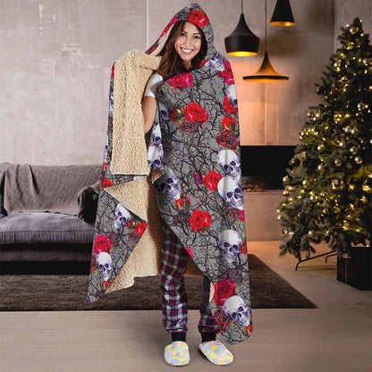 Rose Branch Skull Pattern Print Hooded Blanket