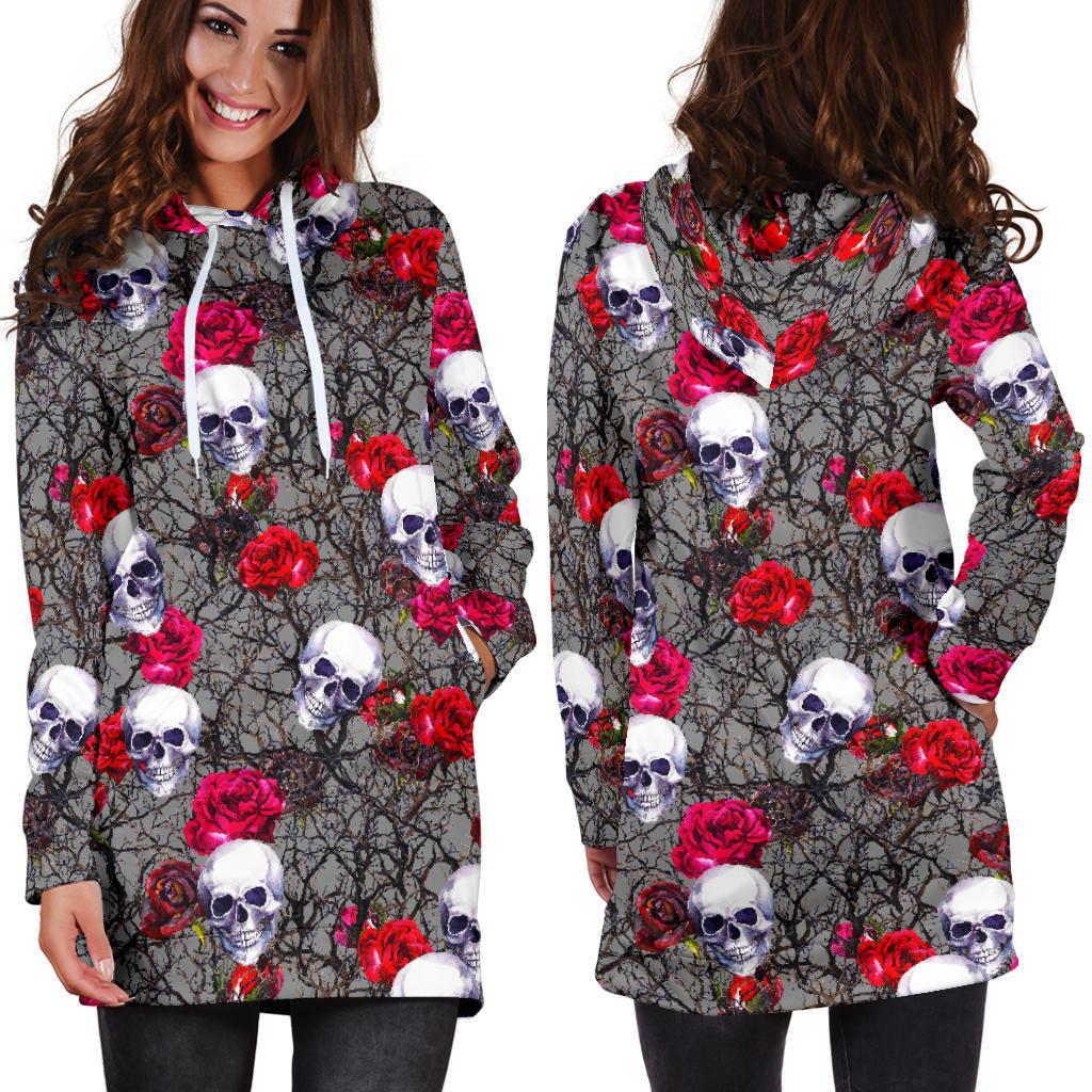 Rose Branch Skull Pattern Print Hoodie Dress GearFrost