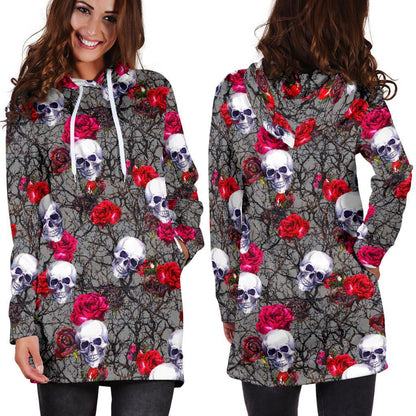 Rose Branch Skull Pattern Print Hoodie Dress GearFrost