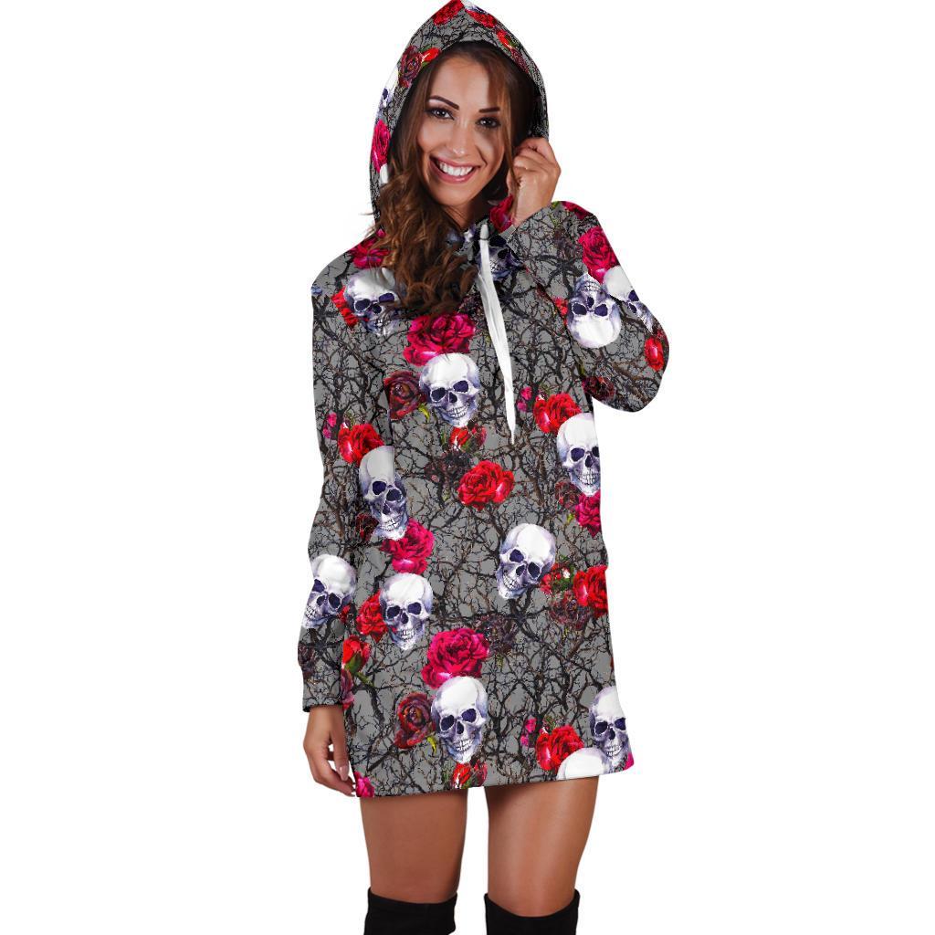 Rose Branch Skull Pattern Print Hoodie Dress GearFrost