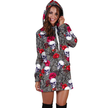 Rose Branch Skull Pattern Print Hoodie Dress GearFrost