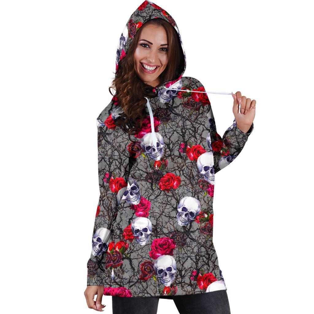 Rose Branch Skull Pattern Print Hoodie Dress GearFrost