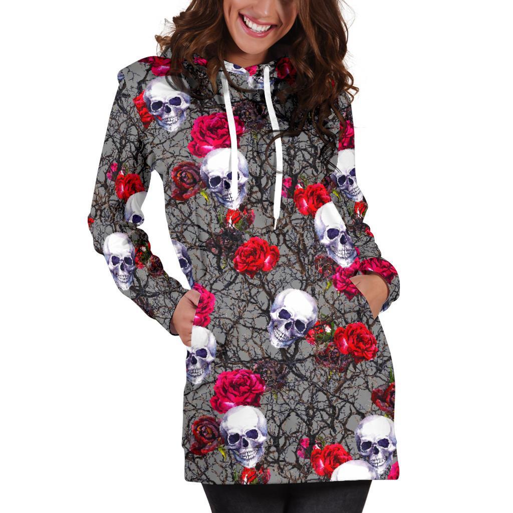 Rose Branch Skull Pattern Print Hoodie Dress GearFrost