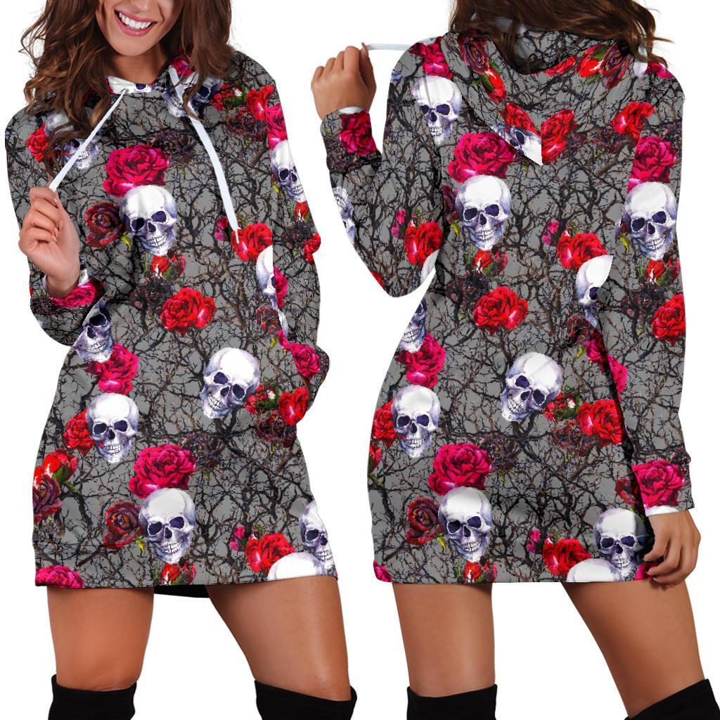 Rose Branch Skull Pattern Print Hoodie Dress GearFrost