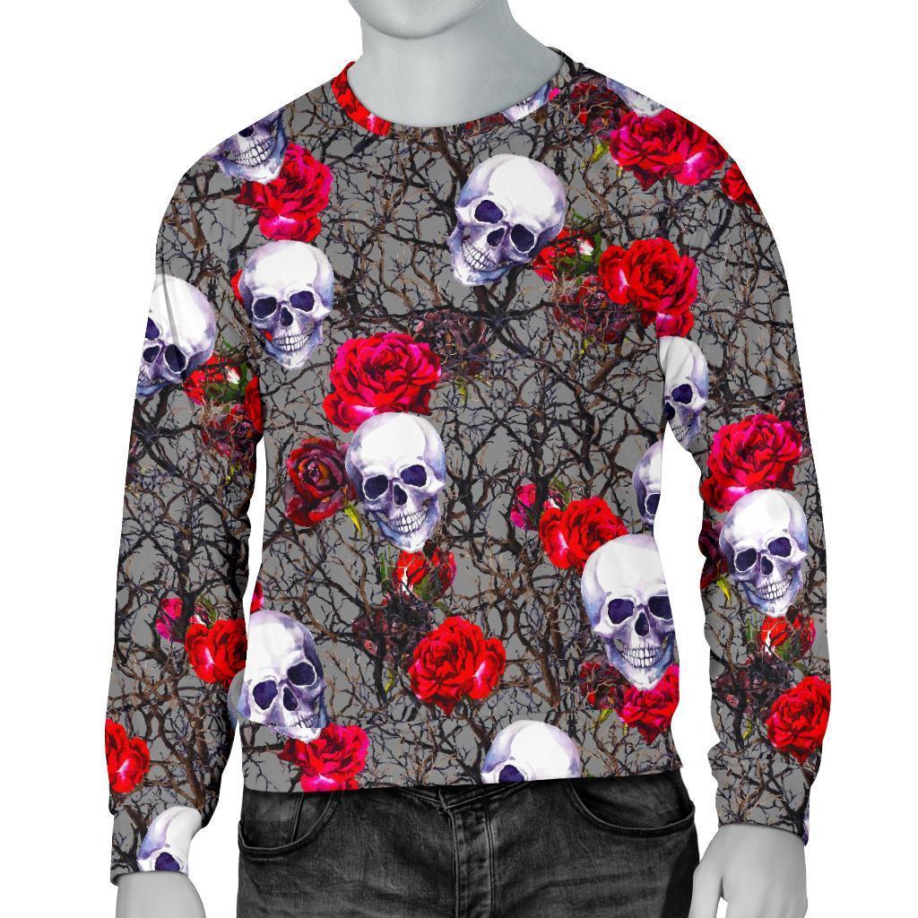 Rose Branch Skull Pattern Print Men's Crewneck Sweatshirt GearFrost