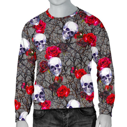 Rose Branch Skull Pattern Print Men's Crewneck Sweatshirt GearFrost