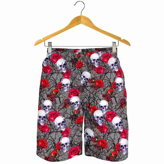 Rose Branch Skull Pattern Print Men's Shorts