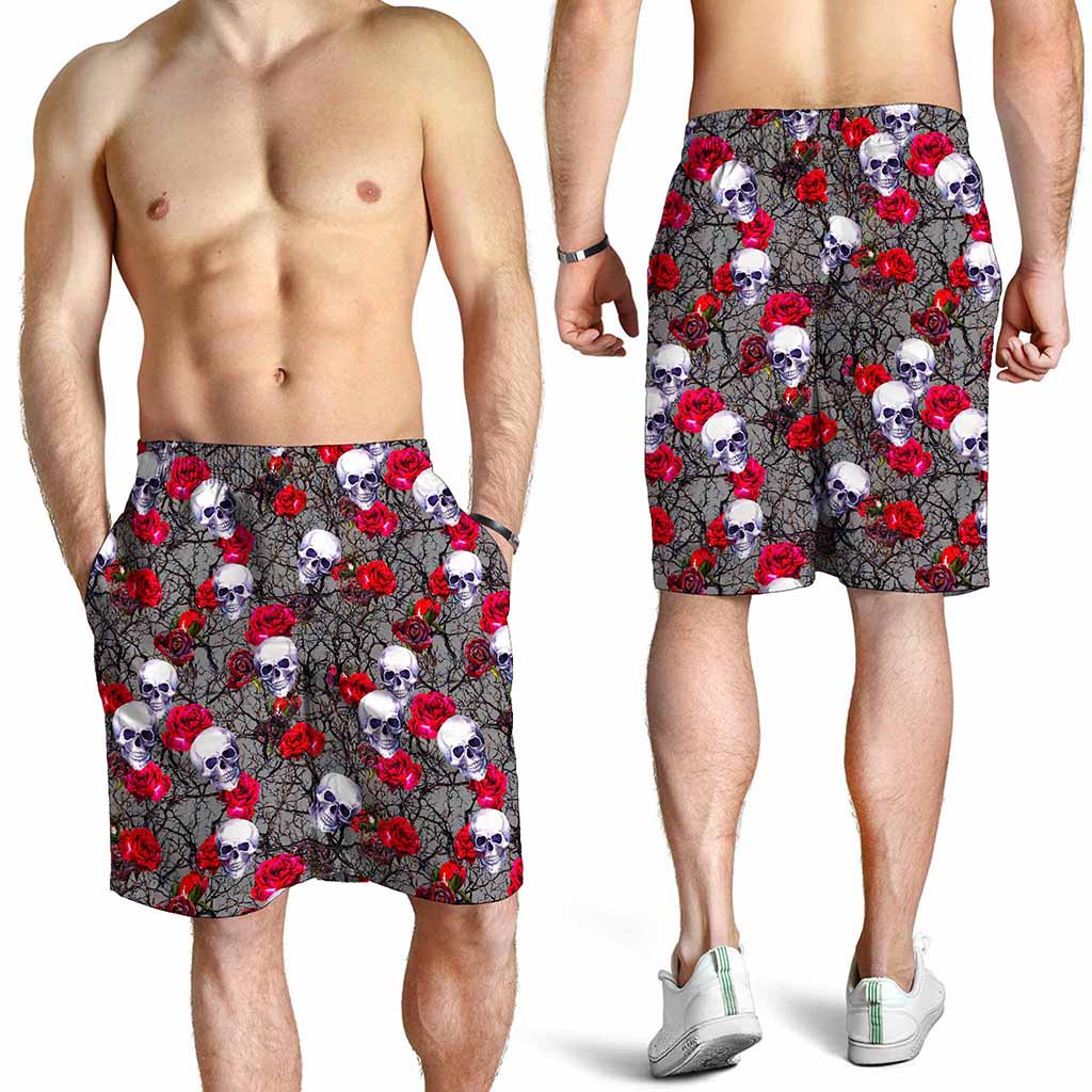 Rose Branch Skull Pattern Print Men's Shorts