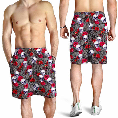 Rose Branch Skull Pattern Print Men's Shorts