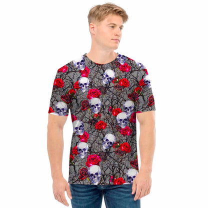 Rose Branch Skull Pattern Print Men's T-Shirt