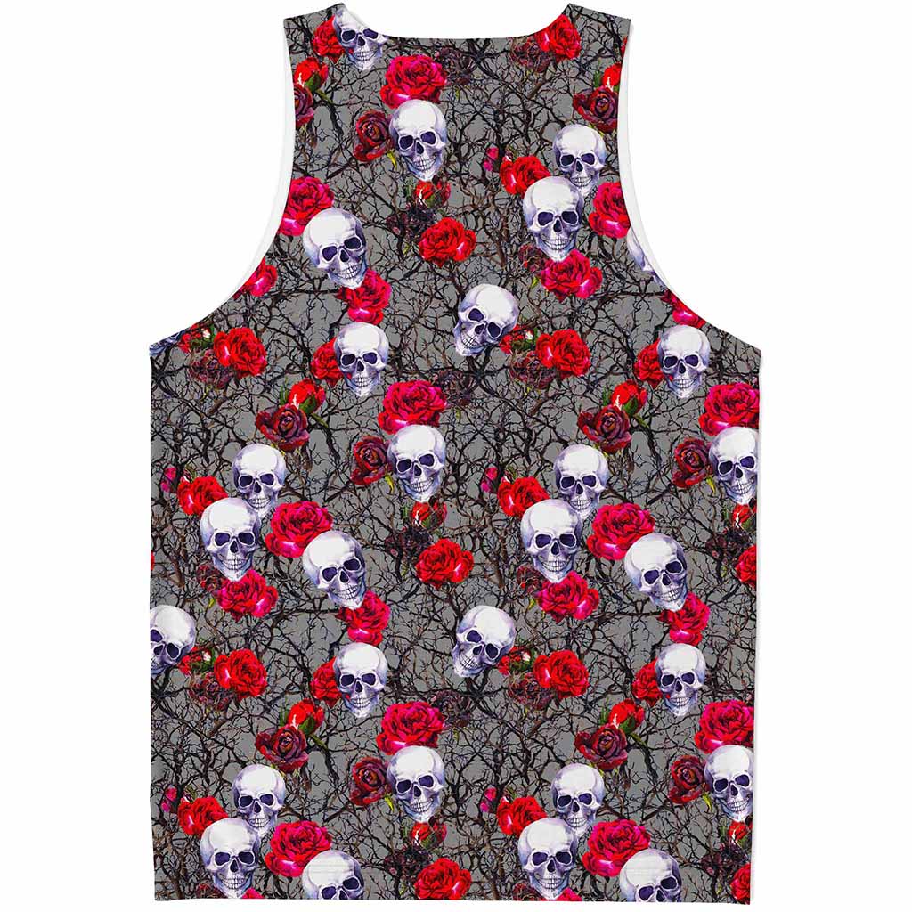 Rose Branch Skull Pattern Print Men's Tank Top