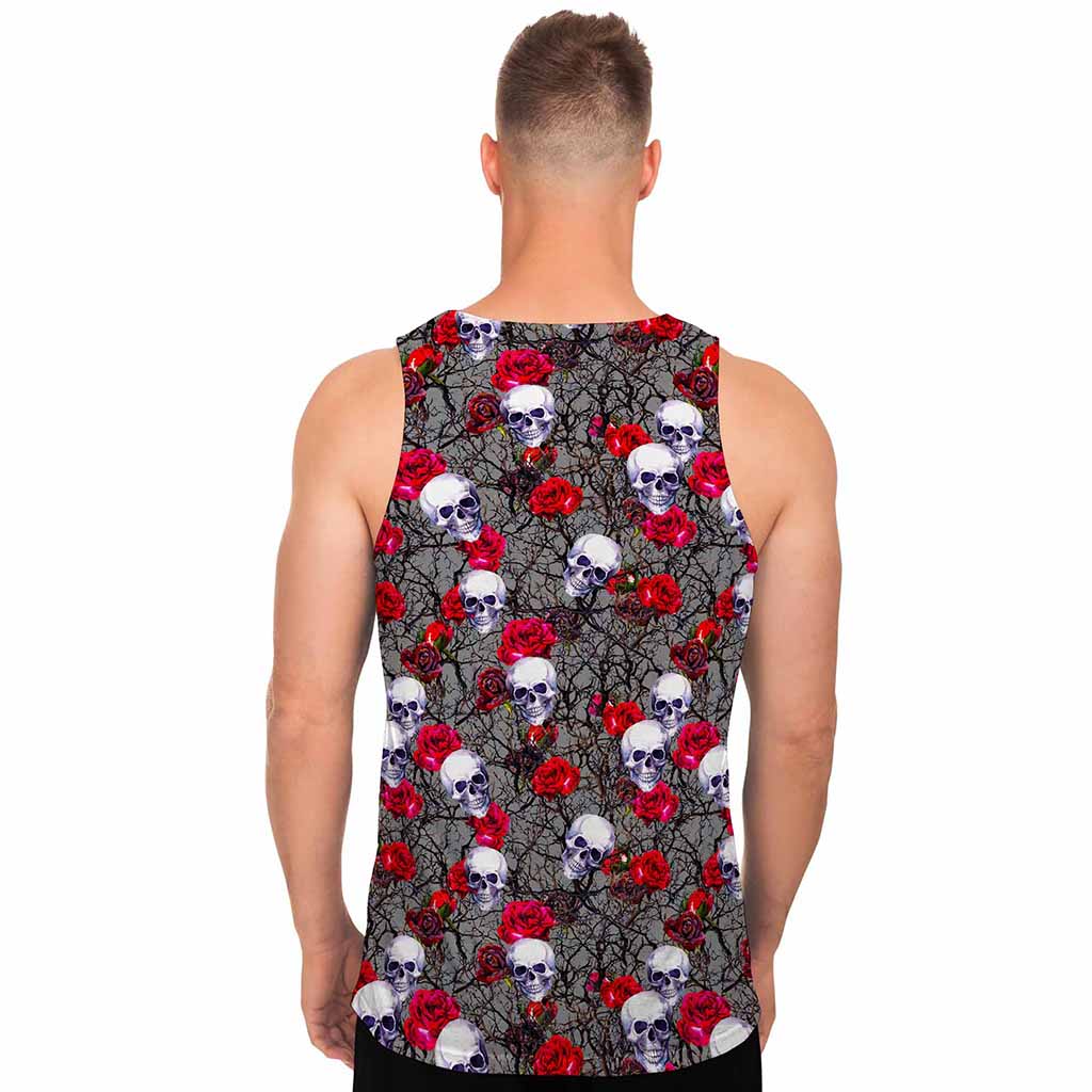 Rose Branch Skull Pattern Print Men's Tank Top